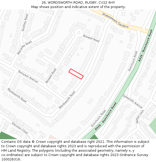 26, WORDSWORTH ROAD, RUGBY, CV22 6HY: Location map and indicative extent of plot