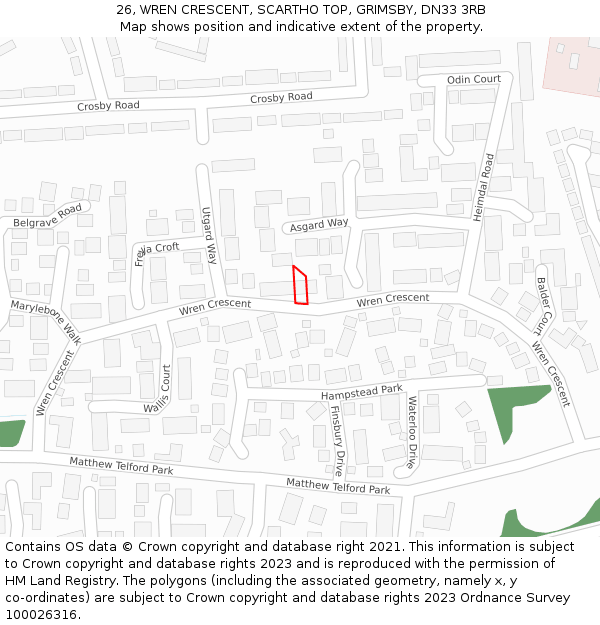 26, WREN CRESCENT, SCARTHO TOP, GRIMSBY, DN33 3RB: Location map and indicative extent of plot
