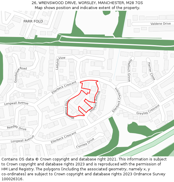 26, WRENSWOOD DRIVE, WORSLEY, MANCHESTER, M28 7GS: Location map and indicative extent of plot