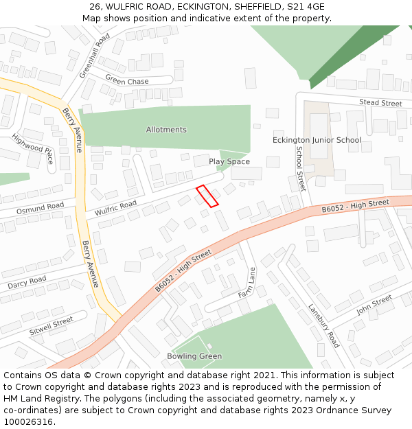 26, WULFRIC ROAD, ECKINGTON, SHEFFIELD, S21 4GE: Location map and indicative extent of plot