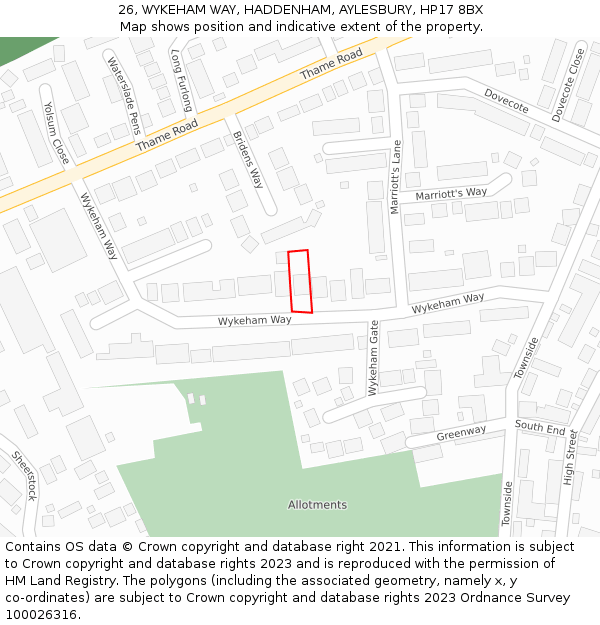 26, WYKEHAM WAY, HADDENHAM, AYLESBURY, HP17 8BX: Location map and indicative extent of plot
