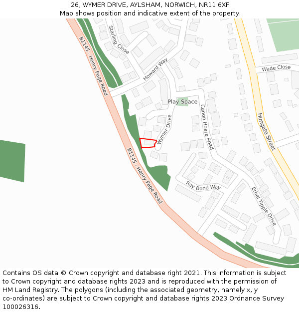 26, WYMER DRIVE, AYLSHAM, NORWICH, NR11 6XF: Location map and indicative extent of plot