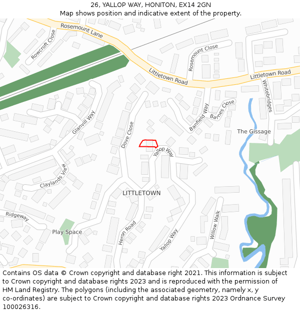 26, YALLOP WAY, HONITON, EX14 2GN: Location map and indicative extent of plot