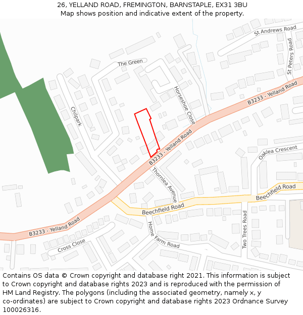 26, YELLAND ROAD, FREMINGTON, BARNSTAPLE, EX31 3BU: Location map and indicative extent of plot