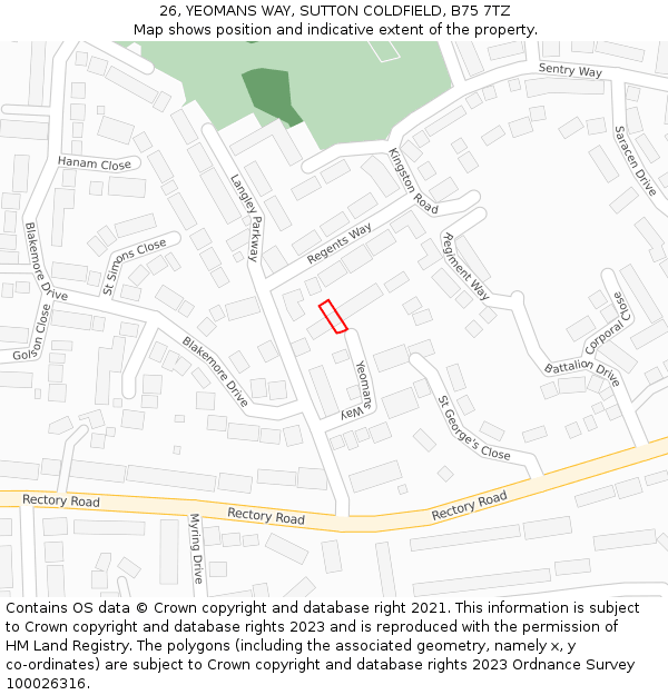 26, YEOMANS WAY, SUTTON COLDFIELD, B75 7TZ: Location map and indicative extent of plot