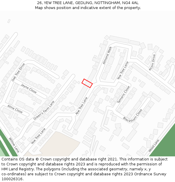 26, YEW TREE LANE, GEDLING, NOTTINGHAM, NG4 4AL: Location map and indicative extent of plot