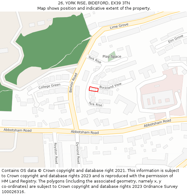 26, YORK RISE, BIDEFORD, EX39 3TN: Location map and indicative extent of plot