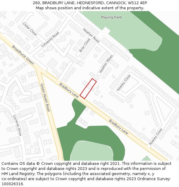 260, BRADBURY LANE, HEDNESFORD, CANNOCK, WS12 4EP: Location map and indicative extent of plot