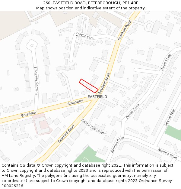 260, EASTFIELD ROAD, PETERBOROUGH, PE1 4BE: Location map and indicative extent of plot
