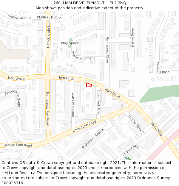 260, HAM DRIVE, PLYMOUTH, PL2 3NQ: Location map and indicative extent of plot