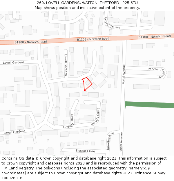 260, LOVELL GARDENS, WATTON, THETFORD, IP25 6TU: Location map and indicative extent of plot