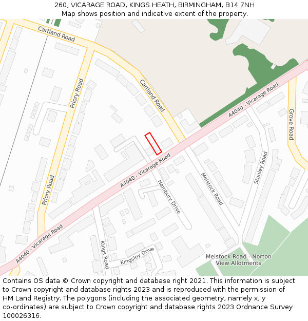 260, VICARAGE ROAD, KINGS HEATH, BIRMINGHAM, B14 7NH: Location map and indicative extent of plot