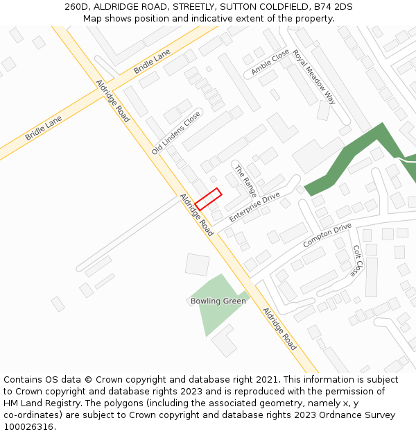 260D, ALDRIDGE ROAD, STREETLY, SUTTON COLDFIELD, B74 2DS: Location map and indicative extent of plot