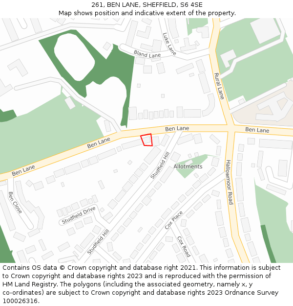 261, BEN LANE, SHEFFIELD, S6 4SE: Location map and indicative extent of plot