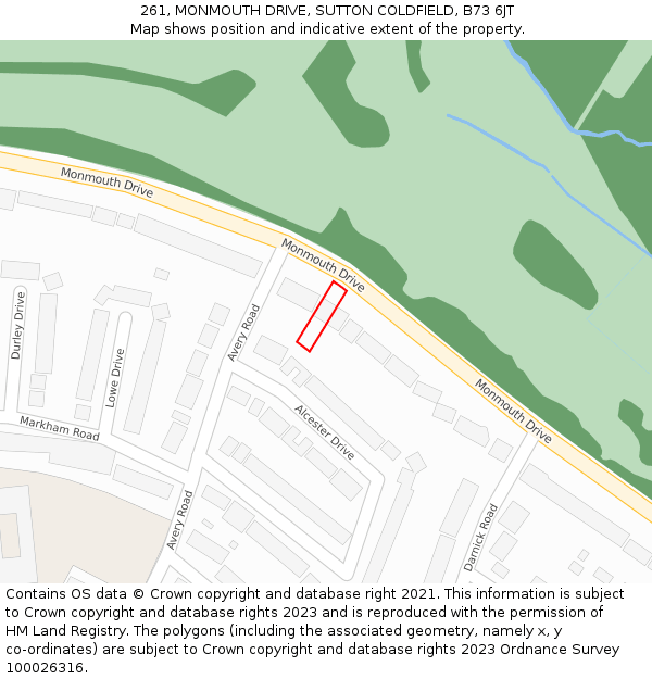 261, MONMOUTH DRIVE, SUTTON COLDFIELD, B73 6JT: Location map and indicative extent of plot