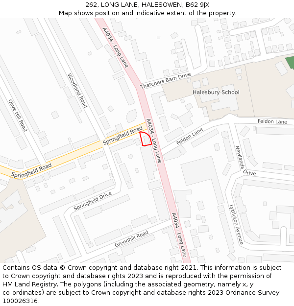 262, LONG LANE, HALESOWEN, B62 9JX: Location map and indicative extent of plot