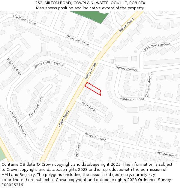 262, MILTON ROAD, COWPLAIN, WATERLOOVILLE, PO8 8TX: Location map and indicative extent of plot