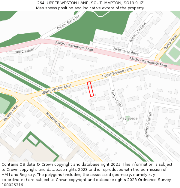 264, UPPER WESTON LANE, SOUTHAMPTON, SO19 9HZ: Location map and indicative extent of plot