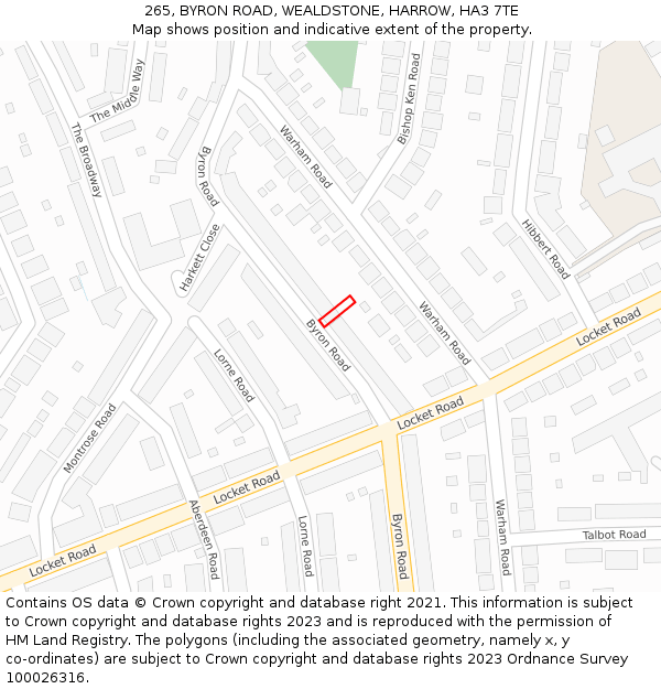 265, BYRON ROAD, WEALDSTONE, HARROW, HA3 7TE: Location map and indicative extent of plot