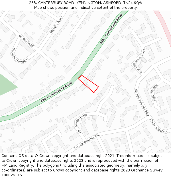 265, CANTERBURY ROAD, KENNINGTON, ASHFORD, TN24 9QW: Location map and indicative extent of plot