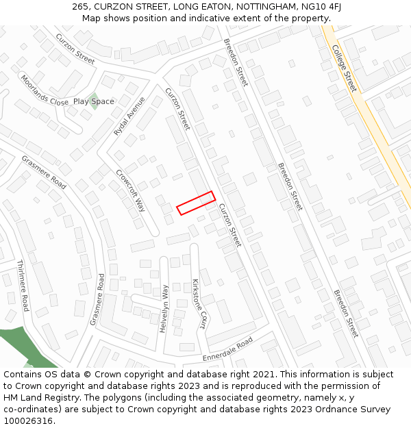 265, CURZON STREET, LONG EATON, NOTTINGHAM, NG10 4FJ: Location map and indicative extent of plot