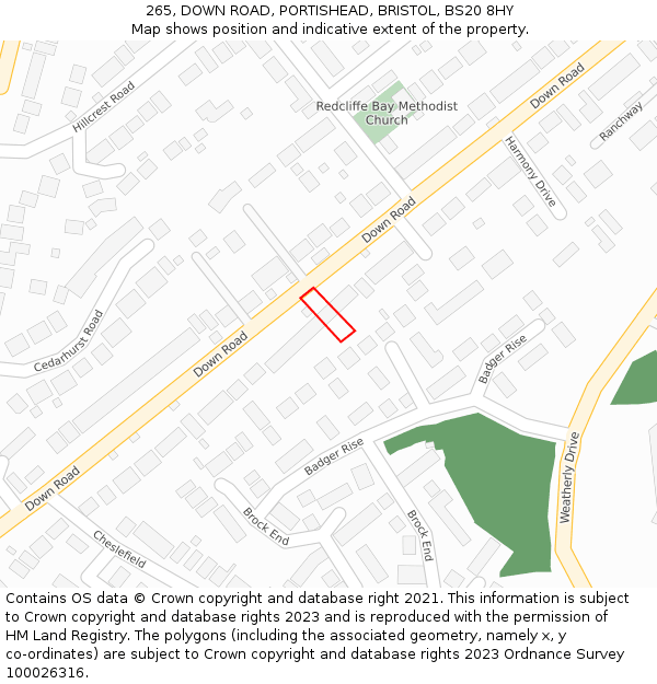 265, DOWN ROAD, PORTISHEAD, BRISTOL, BS20 8HY: Location map and indicative extent of plot