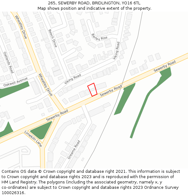 265, SEWERBY ROAD, BRIDLINGTON, YO16 6TL: Location map and indicative extent of plot