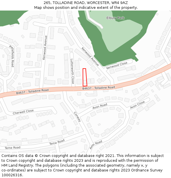 265, TOLLADINE ROAD, WORCESTER, WR4 9AZ: Location map and indicative extent of plot