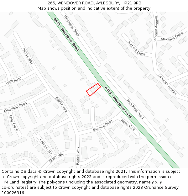 265, WENDOVER ROAD, AYLESBURY, HP21 9PB: Location map and indicative extent of plot