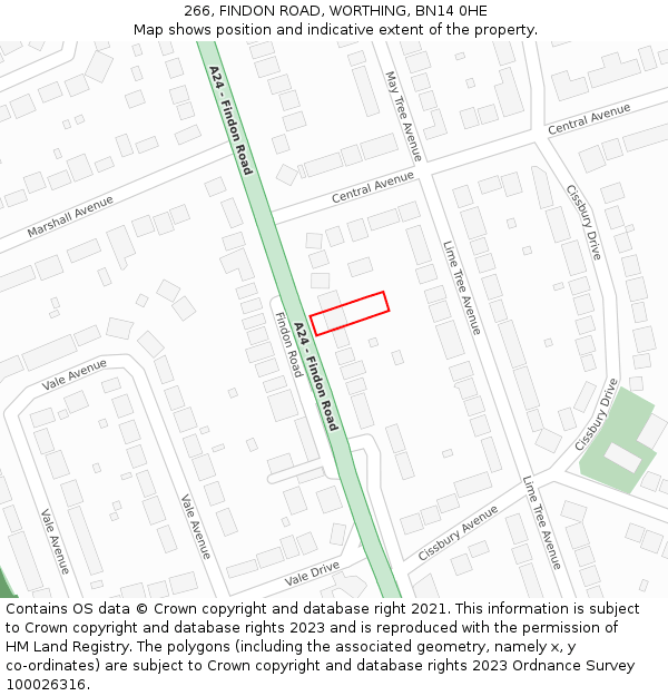 266, FINDON ROAD, WORTHING, BN14 0HE: Location map and indicative extent of plot