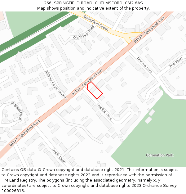 266, SPRINGFIELD ROAD, CHELMSFORD, CM2 6AS: Location map and indicative extent of plot