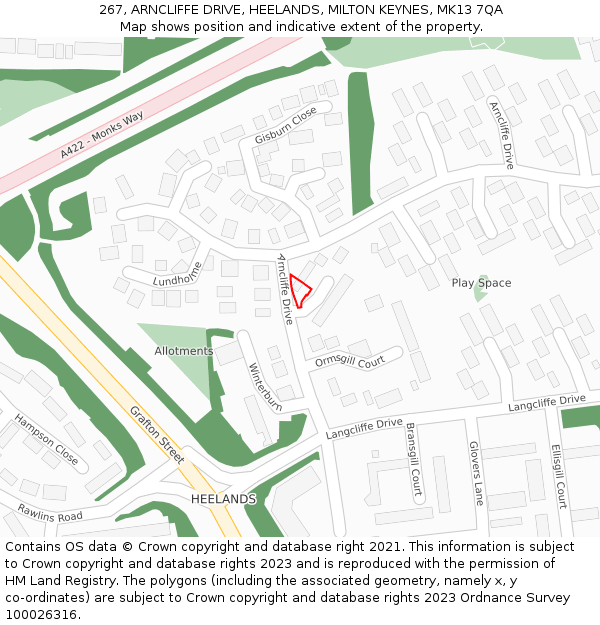 267, ARNCLIFFE DRIVE, HEELANDS, MILTON KEYNES, MK13 7QA: Location map and indicative extent of plot