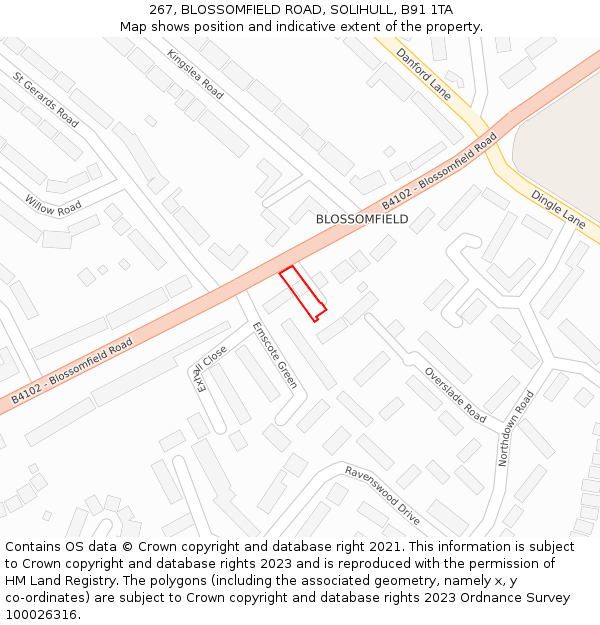 267, BLOSSOMFIELD ROAD, SOLIHULL, B91 1TA: Location map and indicative extent of plot