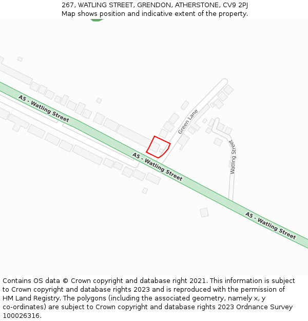 267, WATLING STREET, GRENDON, ATHERSTONE, CV9 2PJ: Location map and indicative extent of plot