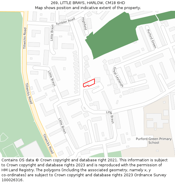 269, LITTLE BRAYS, HARLOW, CM18 6HD: Location map and indicative extent of plot