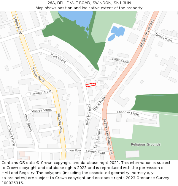 26A, BELLE VUE ROAD, SWINDON, SN1 3HN: Location map and indicative extent of plot