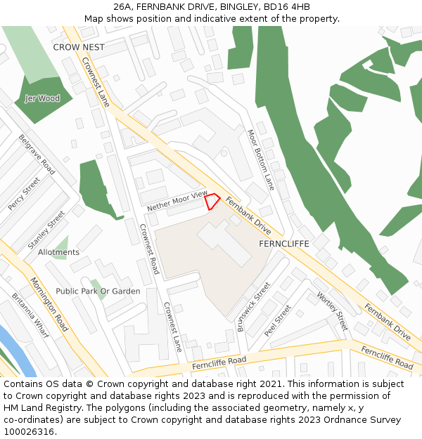 26A, FERNBANK DRIVE, BINGLEY, BD16 4HB: Location map and indicative extent of plot