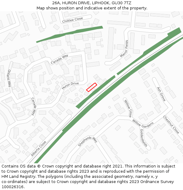 26A, HURON DRIVE, LIPHOOK, GU30 7TZ: Location map and indicative extent of plot