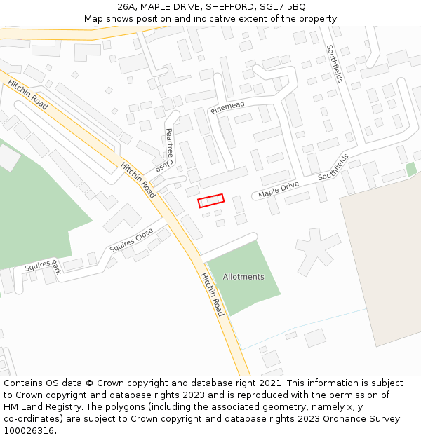 26A, MAPLE DRIVE, SHEFFORD, SG17 5BQ: Location map and indicative extent of plot