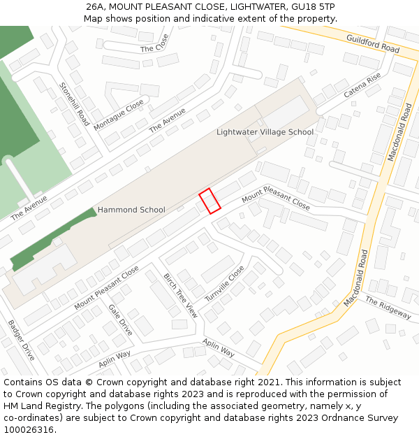 26A, MOUNT PLEASANT CLOSE, LIGHTWATER, GU18 5TP: Location map and indicative extent of plot