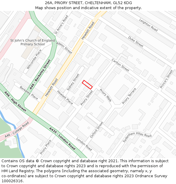 26A, PRIORY STREET, CHELTENHAM, GL52 6DG: Location map and indicative extent of plot