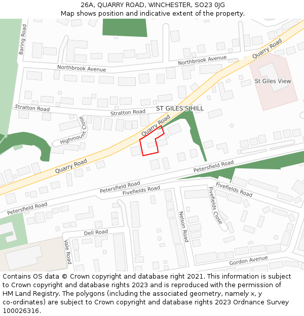 26A, QUARRY ROAD, WINCHESTER, SO23 0JG: Location map and indicative extent of plot