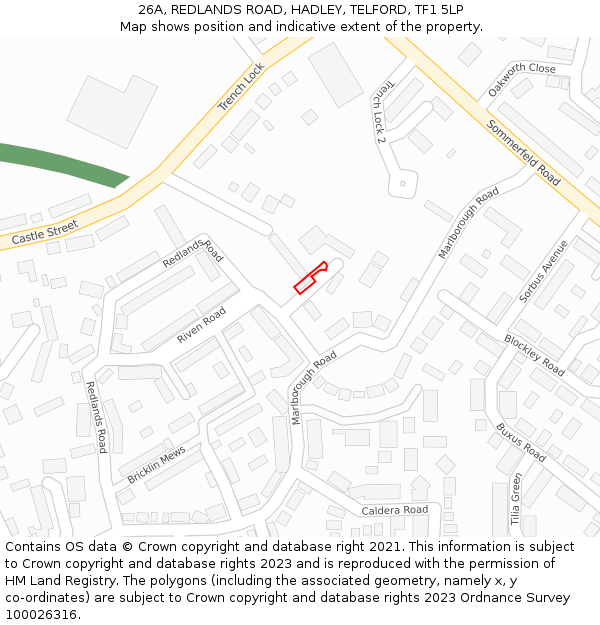 26A, REDLANDS ROAD, HADLEY, TELFORD, TF1 5LP: Location map and indicative extent of plot