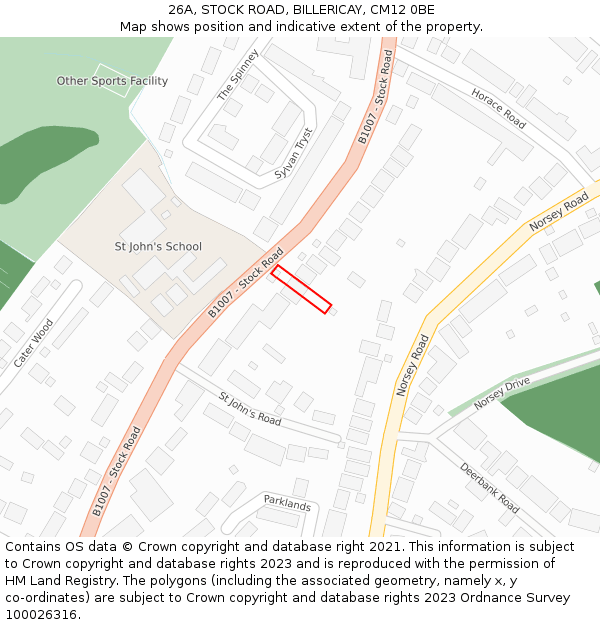 26A, STOCK ROAD, BILLERICAY, CM12 0BE: Location map and indicative extent of plot