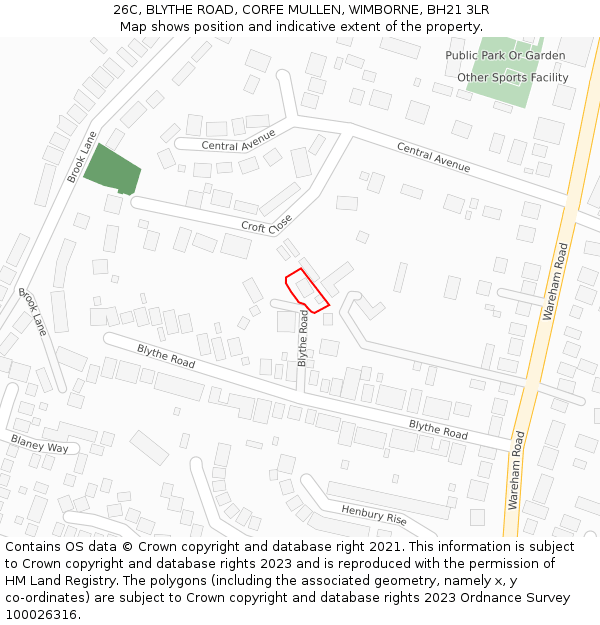 26C, BLYTHE ROAD, CORFE MULLEN, WIMBORNE, BH21 3LR: Location map and indicative extent of plot