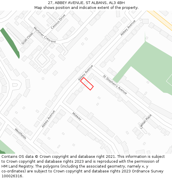 27, ABBEY AVENUE, ST ALBANS, AL3 4BH: Location map and indicative extent of plot