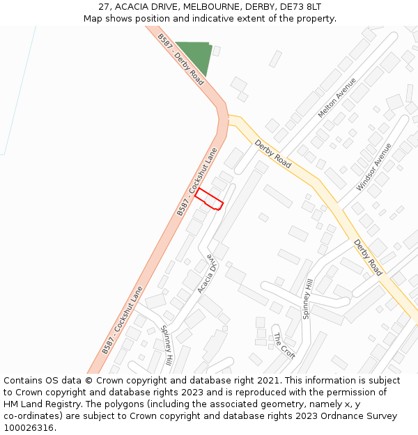 27, ACACIA DRIVE, MELBOURNE, DERBY, DE73 8LT: Location map and indicative extent of plot