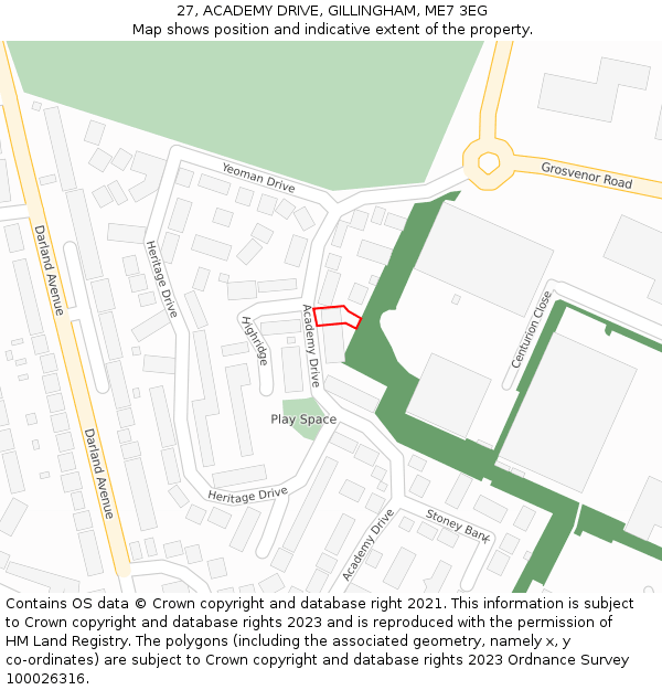 27, ACADEMY DRIVE, GILLINGHAM, ME7 3EG: Location map and indicative extent of plot