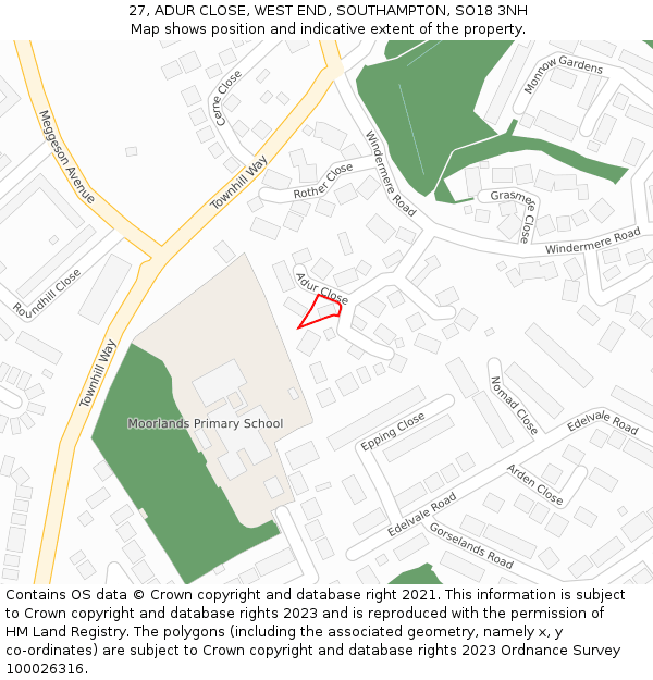 27, ADUR CLOSE, WEST END, SOUTHAMPTON, SO18 3NH: Location map and indicative extent of plot