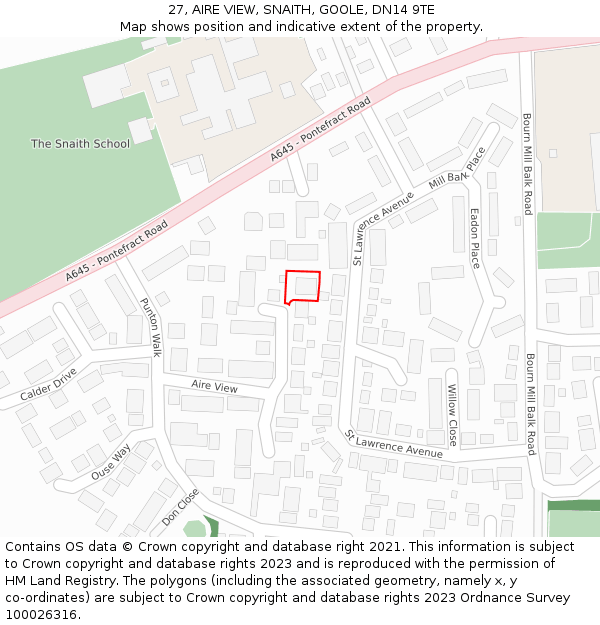 27, AIRE VIEW, SNAITH, GOOLE, DN14 9TE: Location map and indicative extent of plot